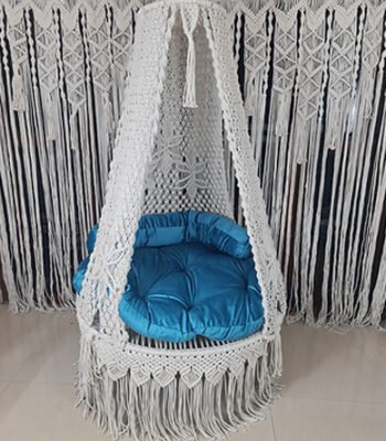 Blue Cushion & White Hammock Macrame Swing
