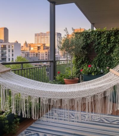 ProKnots handwoven cotton macrame hammock with wooden bars on a balcony