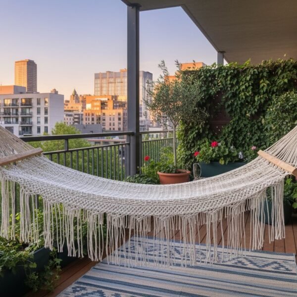ProKnots handwoven cotton macrame hammock with wooden bars on a balcony