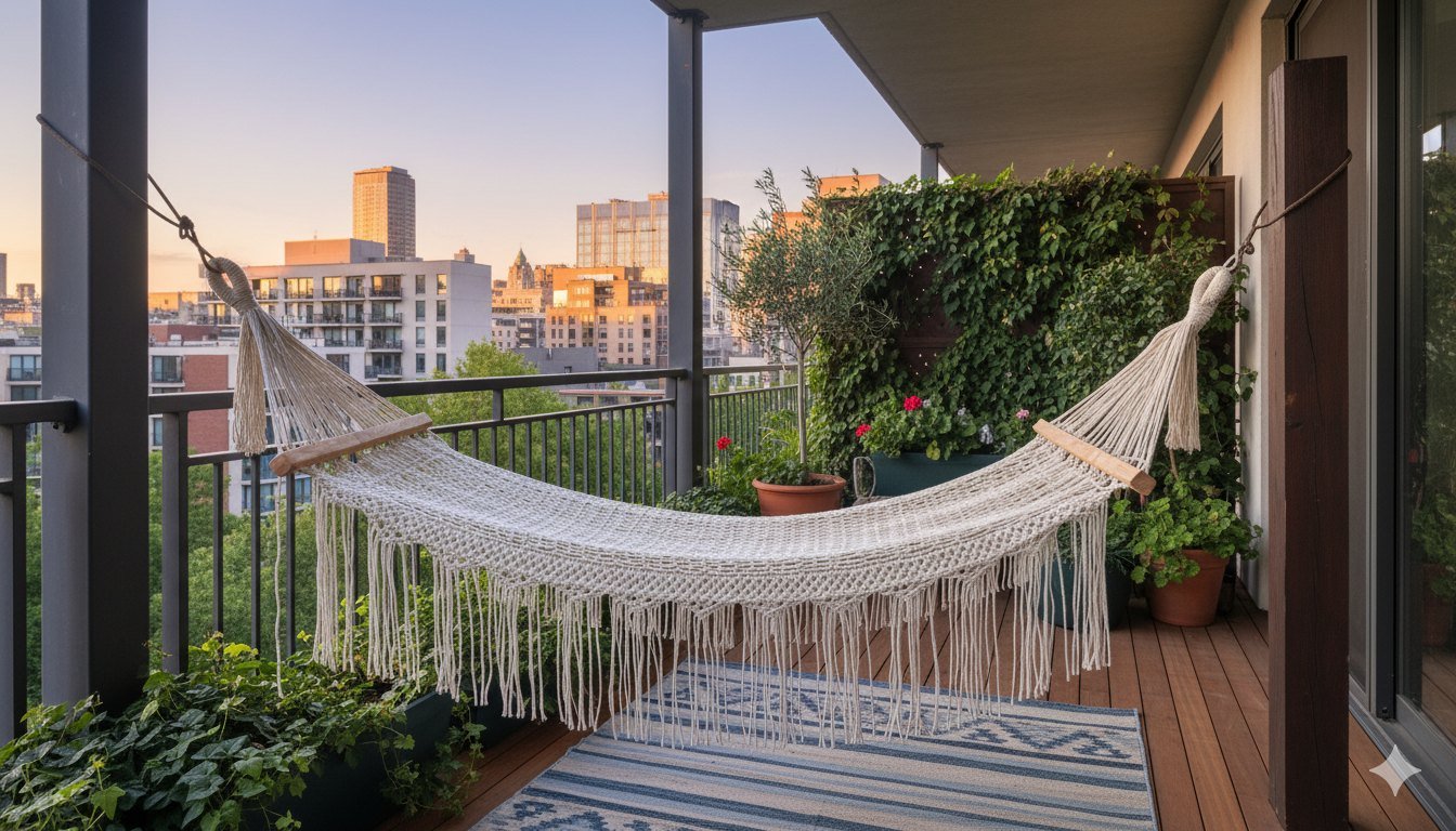 ProKnots handwoven cotton macrame hammock with wooden bars on a balcony