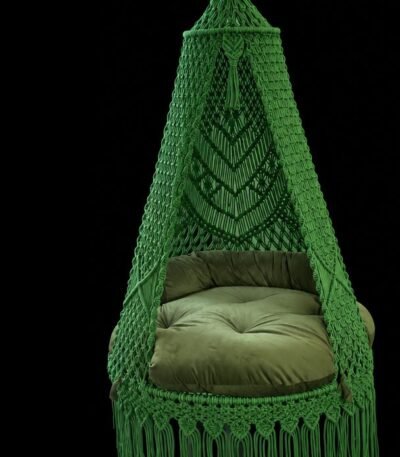 40 inch green macrame swing with green cushion, handmade cotton jhula