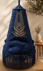40 inch royal blue macrame swing with blue cushion, handmade cotton jhula