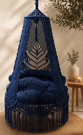 40 inch royal blue macrame swing with blue cushion, handmade cotton jhula