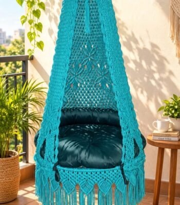 40 inch sea green macrame swing with green cushion on a sunny balcony