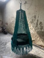 Sea green macrame swing with green cushion, actual product photo