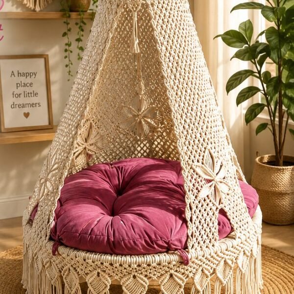 50 inch natural cotton macrame swing with pink cushion in a living room