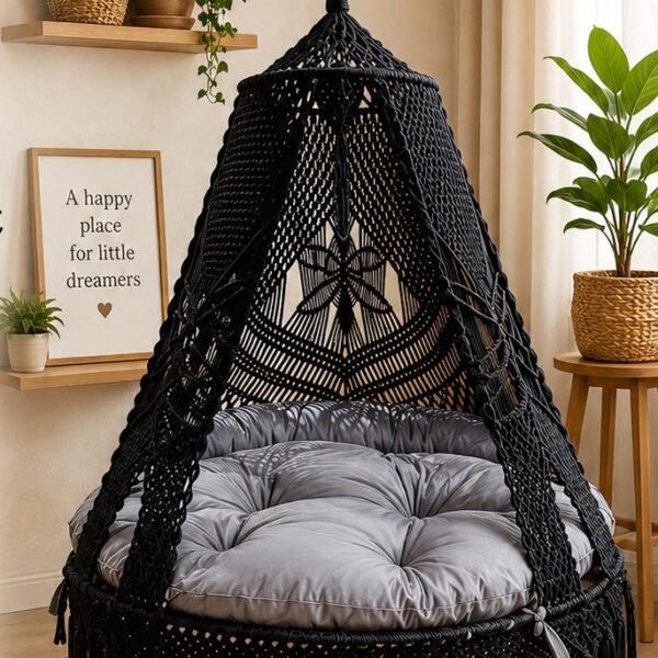 60 inch black macrame swing with grey cushion in a living room