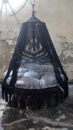 Actual photo of the 60 inch black macrame swing with grey cushion