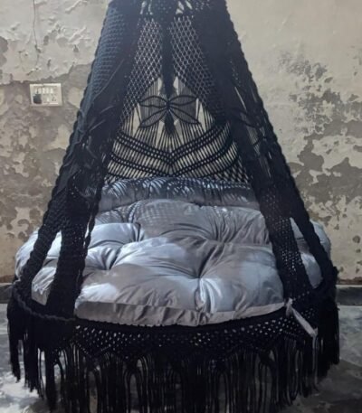 Actual photo of the 60 inch black macrame swing with grey cushion