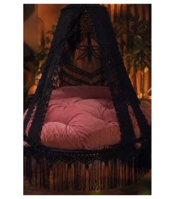 60-Inch Black Macramé Swing – Pink Cushion