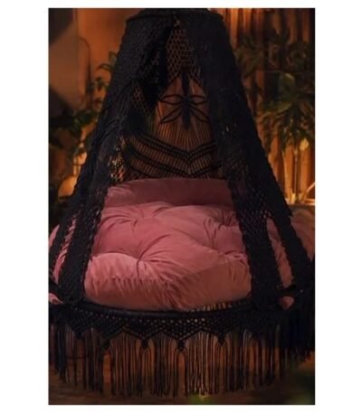 60-Inch Black Macramé Swing – Pink Cushion