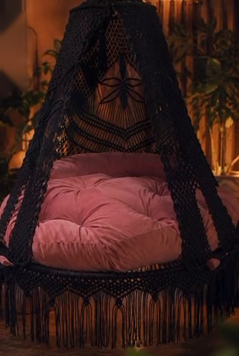 60 inch black macrame swing with pink cushion, handmade jhula