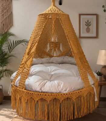 60 inch mustard macrame swing with cream cushion in a living room