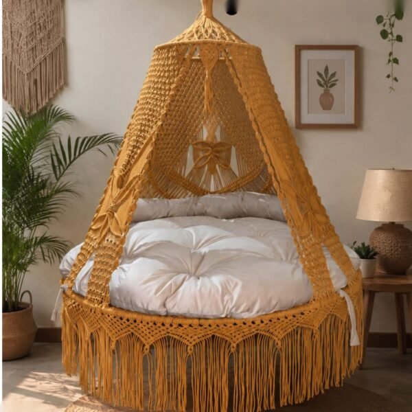 60 inch mustard macrame swing with cream cushion in a living room