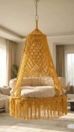 60 inch mustard macrame swing jhula hanging in a bright living room