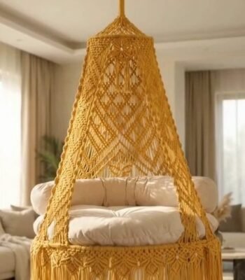 60 inch mustard macrame swing jhula hanging in a bright living room