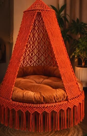 60 inch orange macrame swing with orange cushion, handmade jhula