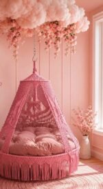 70 inch baby pink macrame swing with pink cushion in a pink room