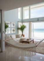 Macrame hammock in a bright coastal living room