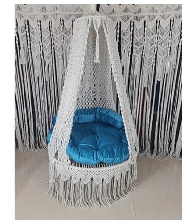 White Macramé Swing with Blue Cushion – Multiple Sizes