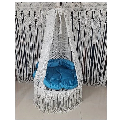 White Macramé Swing with Blue Cushion – Multiple Sizes