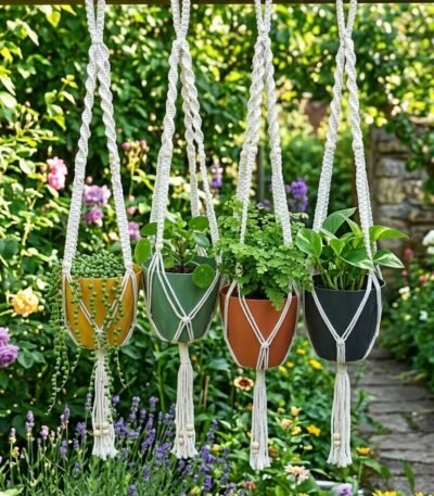 Set of 4 macrame plant hangers with colourful pots hanging in a garden