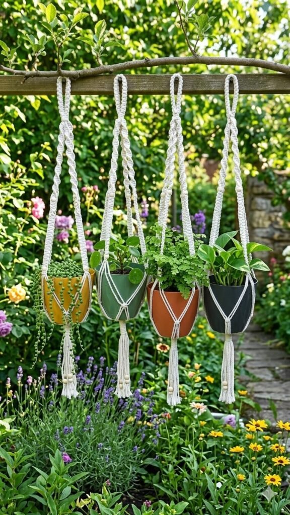Set of 4 macrame plant hangers with colourful pots hanging in a garden
