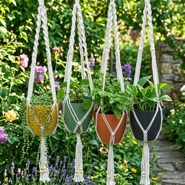 Set of 4 macrame plant hangers with colourful pots hanging in a garden