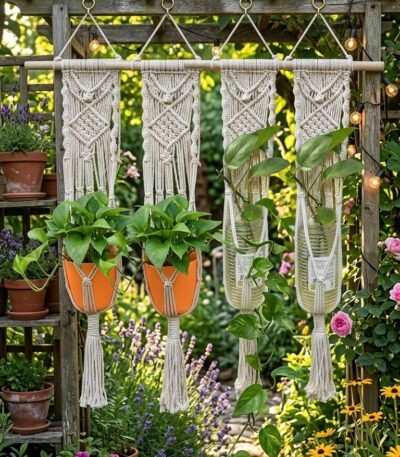 Set of 4 natural cotton macrame wall plant hangers on a garden pergola