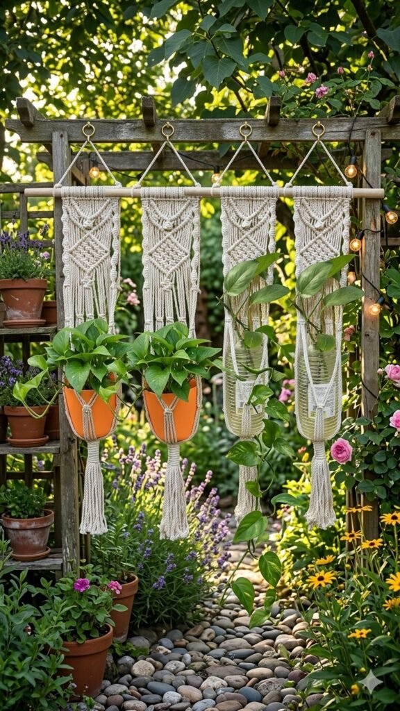 Set of 4 natural cotton macrame wall plant hangers on a garden pergola