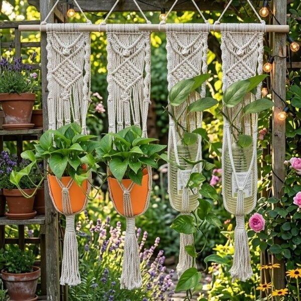 Set of 4 natural cotton macrame wall plant hangers on a garden pergola
