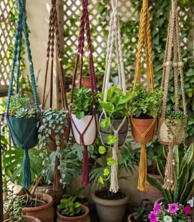 Set of 6 colourful macrame plant hangers on a balcony