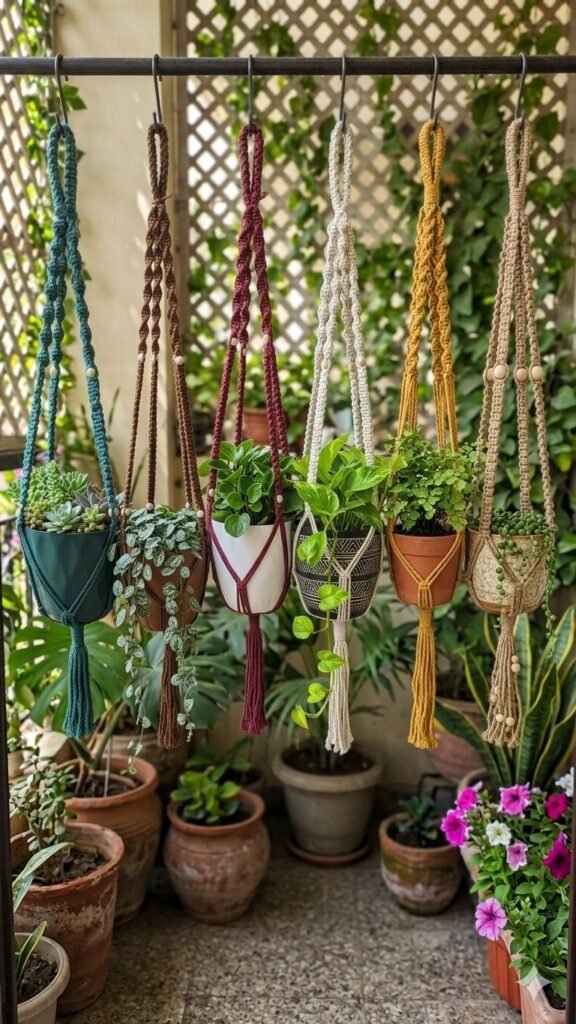 Set of 6 colourful macrame plant hangers on a balcony
