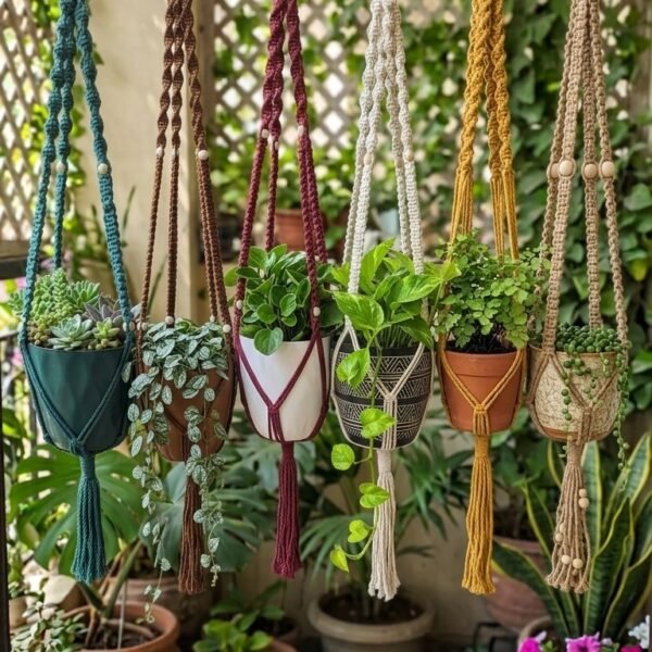 Set of 6 colourful macrame plant hangers on a balcony