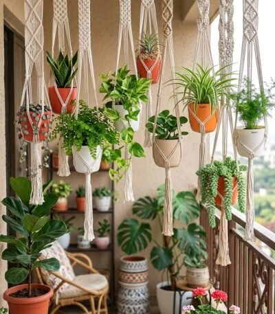 Set of 9 natural macrame plant hangers creating a hanging garden on a balcony