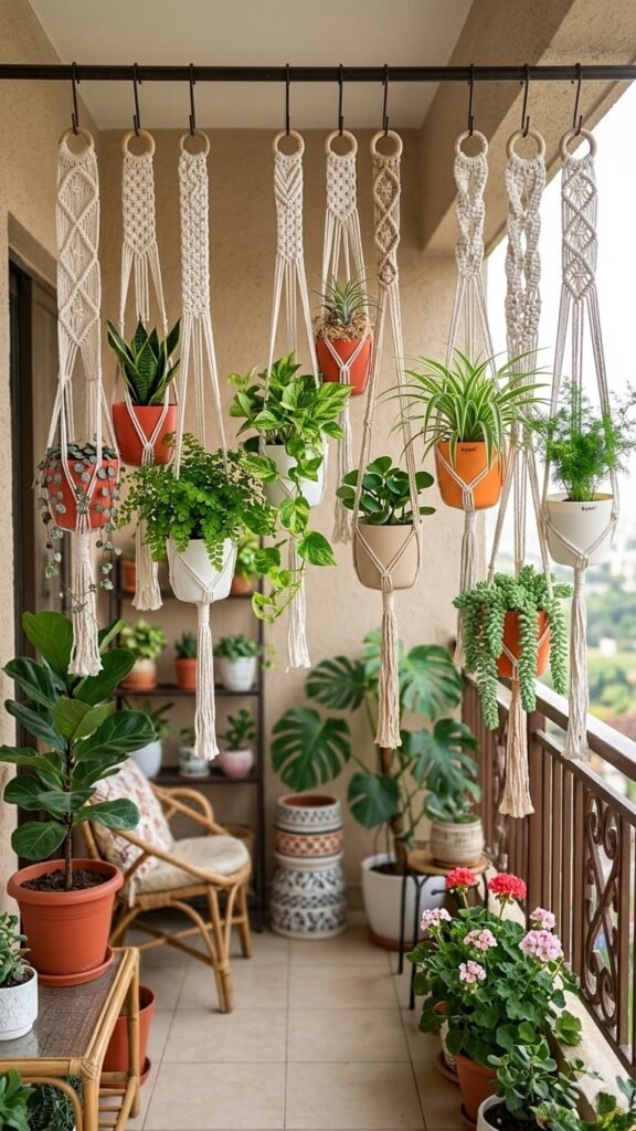 Set of 9 natural macrame plant hangers creating a hanging garden on a balcony