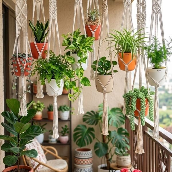Set of 9 natural macrame plant hangers creating a hanging garden on a balcony