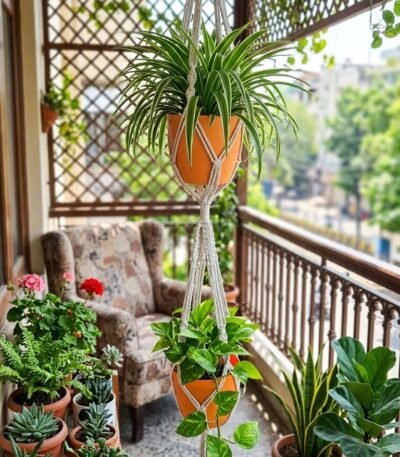 Two-tier macrame double plant hanger with two pots on a balcony