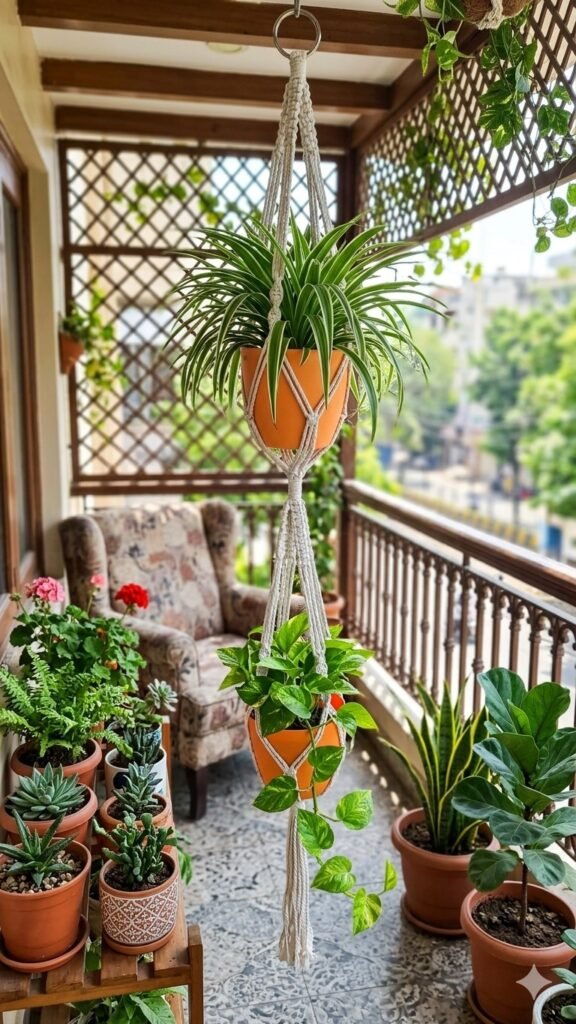 Two-tier macrame double plant hanger with two pots on a balcony