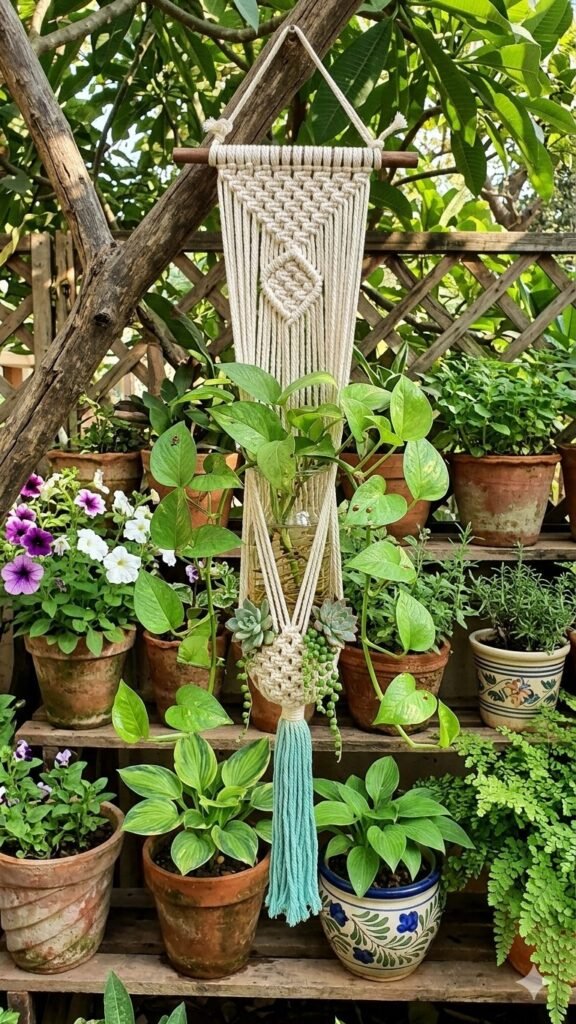 White macrame wall planter with mint green tassel holding a money plant