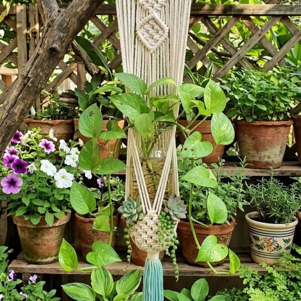 White macrame wall planter with mint green tassel holding a money plant