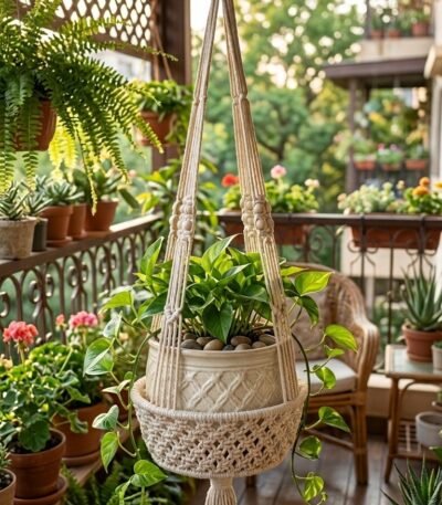 Macrame large pot hanger with woven basket base on a verandah