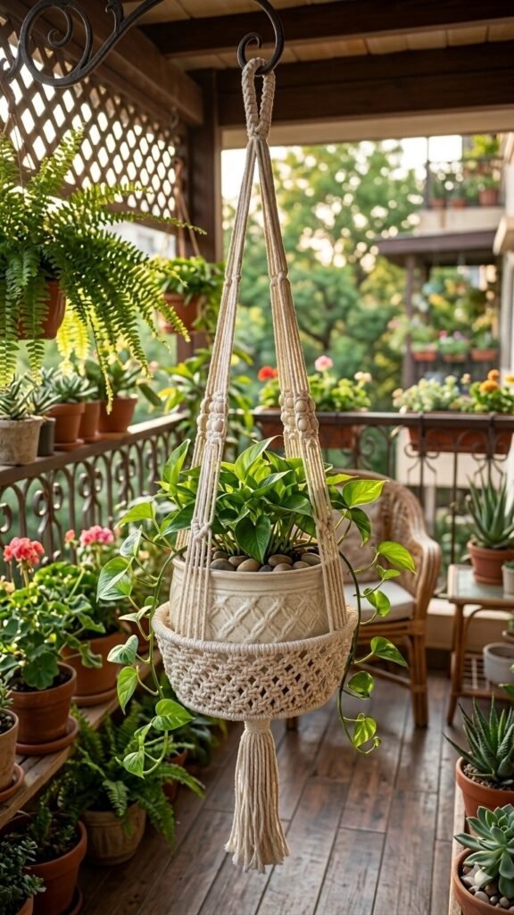 Macrame large pot hanger with woven basket base on a verandah