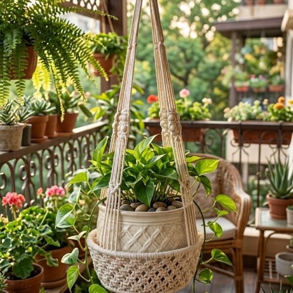 Macrame large pot hanger with woven basket base on a verandah