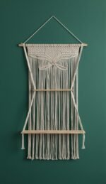 Macrame wall hanging shelf with butterfly knot design on a green wall