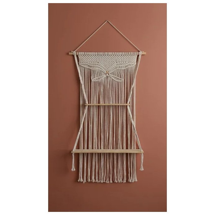 Macramé Wall Hanging Shelf – Butterfly Design with Two Wooden Shelves