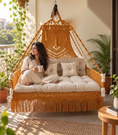 Woman relaxing on a mustard macrame sofa swing jhula with ivory cushions on a sunny balcony