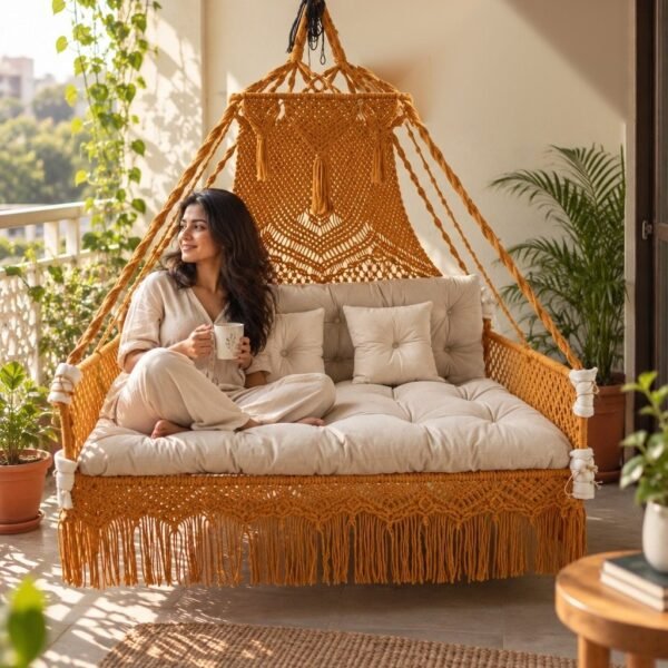 Woman relaxing on a mustard macrame sofa swing jhula with ivory cushions on a sunny balcony