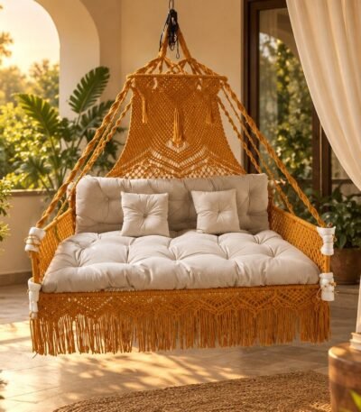 7 x 5 ft mustard macrame sofa swing with tufted ivory cushions and pillows hanging in a sunlit room