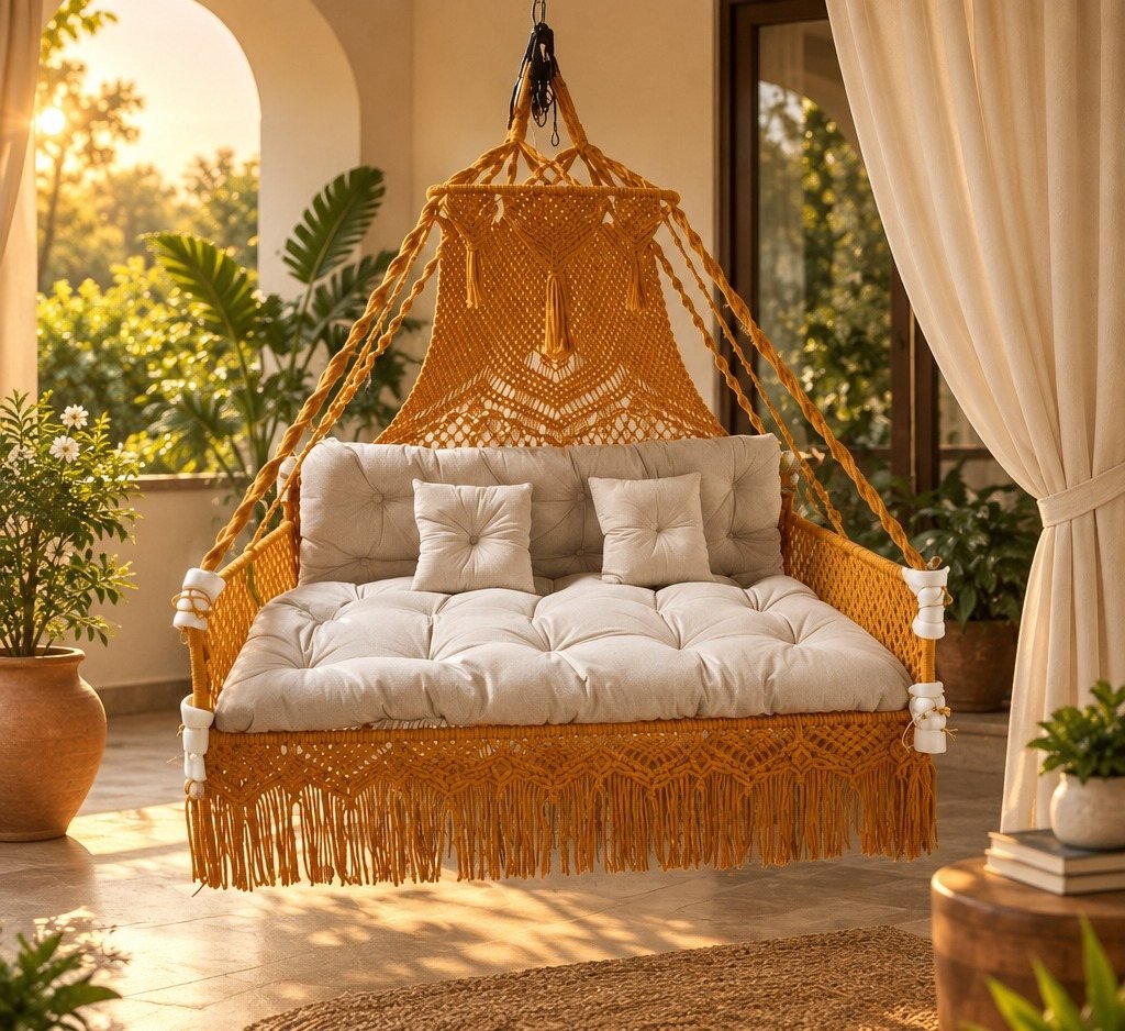 7 x 5 ft mustard macrame sofa swing with tufted ivory cushions and pillows hanging in a sunlit room